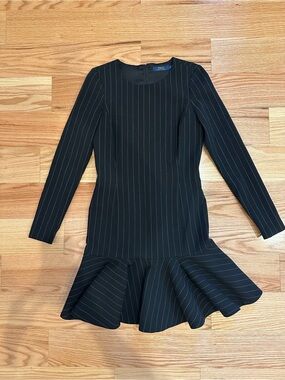 Polo by Ralph Lauren Black White Pinstripe Long-Sleeve Peplum Work Dress Sz 4